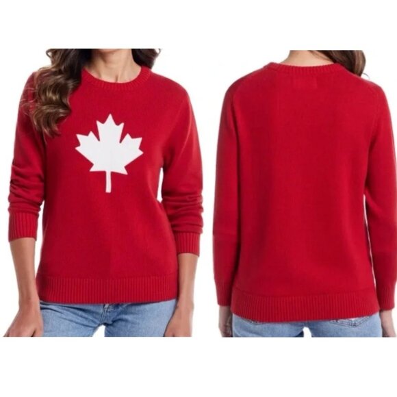 Weatherproof Vintage Sweater Red Knitted Crew Neck White Maple Leaf Women's Sz L - Picture 1 of 12